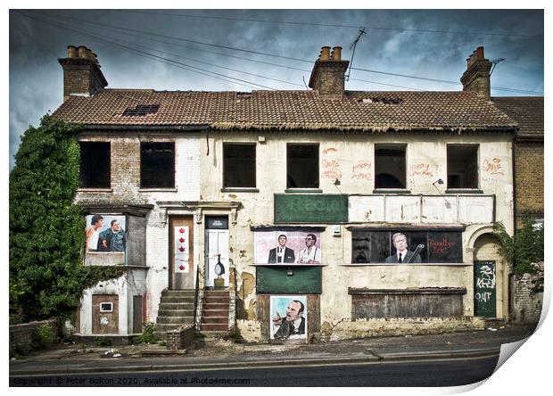 Empty and derelict victorian terrace of houses used as a canvas by local artists at Southend on Sea, Essex, UK. Print by Peter Bolton