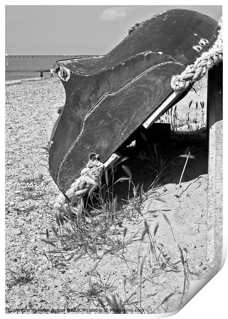 A wooden dinghy propped up against a seawall at Thorpe Bay, Essex, UK.  Print by Peter Bolton