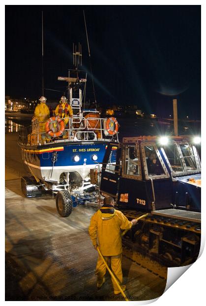 'Back from a shout'. St. Ives lifeboat returning at night. Cornwall, UK Print by Peter Bolton
