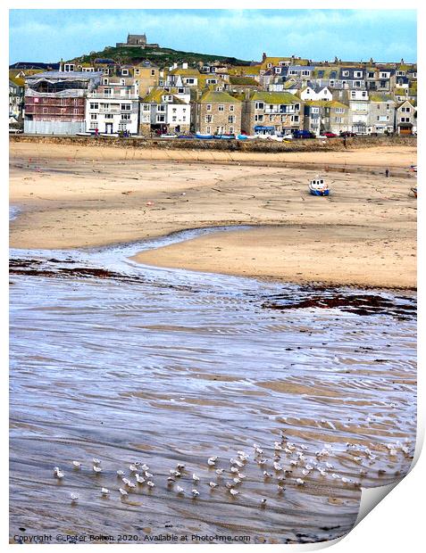 St. Ives Harbour at low tide viewed from the Harbour Beach. Cornwall, UK. Print by Peter Bolton