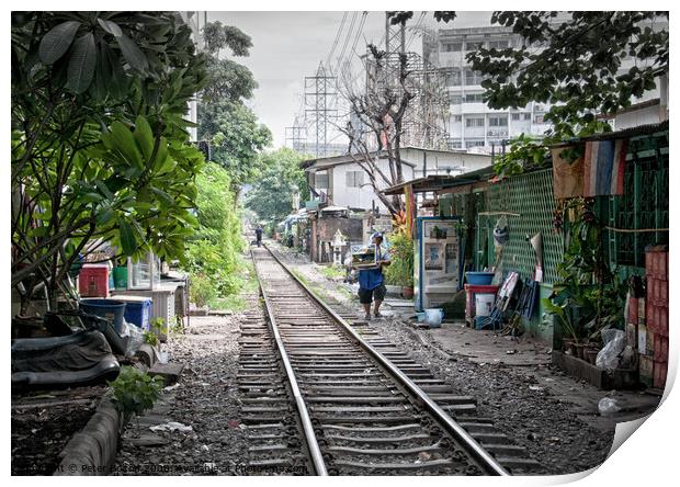 Railway track in central Bangkok, Thailand, with houses alongside. Print by Peter Bolton