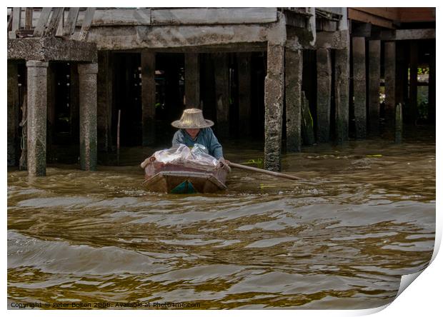 A local resident in her day to day mode of transport on a canal in Bangkok, Thailand. Print by Peter Bolton