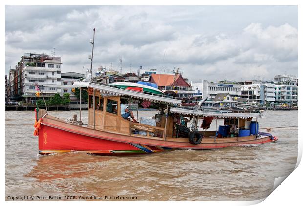 A tourist excursion boat on the Chao Phraya river, Bangkok, Thailand. Print by Peter Bolton