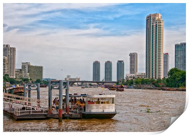 Ferry terminal with cityscape on the Chao Phraya River, Bangkok, Thailand. Print by Peter Bolton