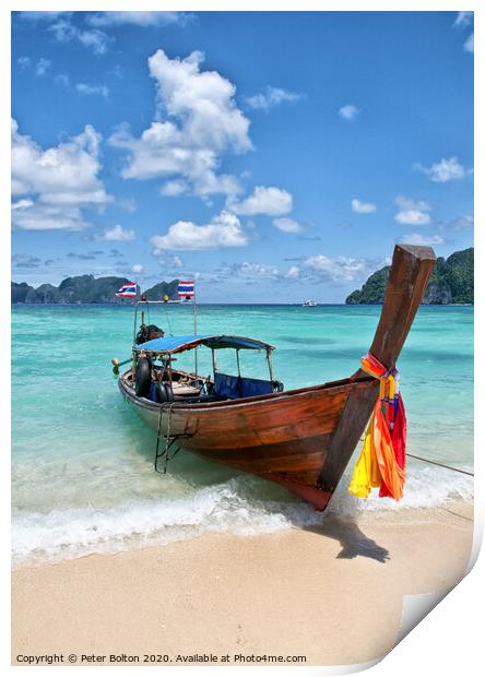 Long-tail boat pulled up on the beach, Phi Phi Island, Thailand. Print by Peter Bolton
