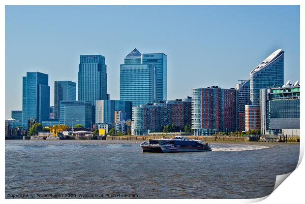 Canary Wharf Business District from the River Thames, London, UK. Print by Peter Bolton