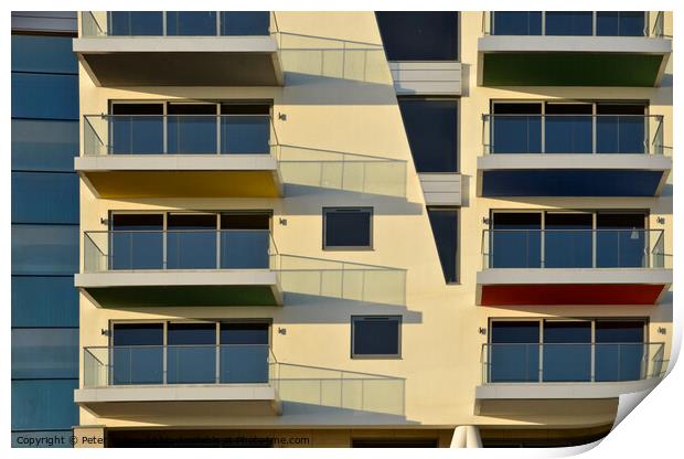 Apartments at Westcliff on Sea form abstract patterns in the sunlight . Print by Peter Bolton