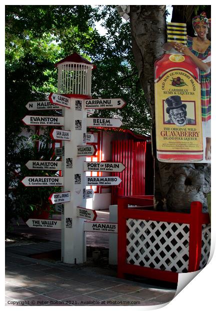International direction signpost in the centre of Philipsburg, St. Maarten, Caribbean. Print by Peter Bolton