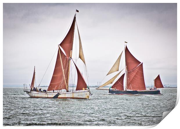 'Reminder' and 'Marjorie' Thames sailing barges racing off Westcliff on Sea in the Thames Estuary Print by Peter Bolton