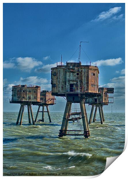 The Maunsell Forts, WWII armed towers built at 'Red Sands' in The Thames Estuary, UK. Print by Peter Bolton