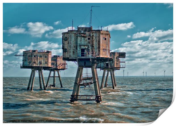 The Maunsell Forts, WWII armed towers built at 'Red Sands' in The Thames Estuary, UK. Print by Peter Bolton