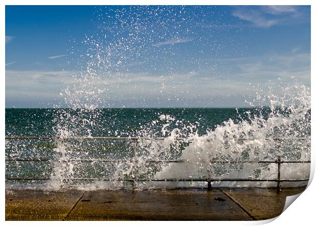 Waves braking over the seawall at The Garrison, Shoeburyness, Essex, UK. Print by Peter Bolton
