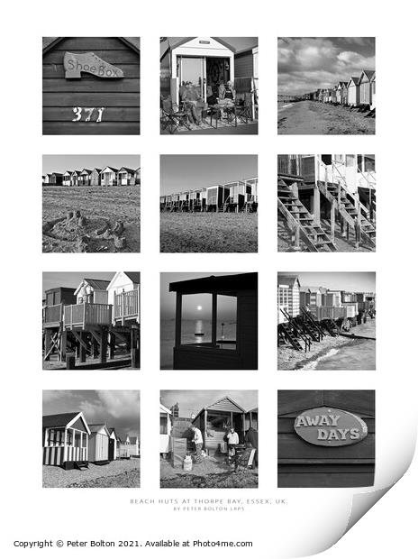  Monochrome poster of beach huts at Thorpe Bay, Southend on Sea, Essex.  Print by Peter Bolton