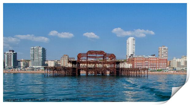 Ruins of West Pier from the sea at Brighton, Sussex, UK. Print by Peter Bolton