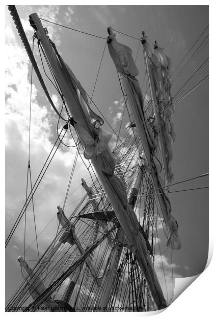 Mercedes sailing ship. Abstract view of her masts and furled sails in black and white Print by Peter Bolton