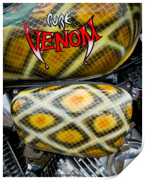 Custom paintwork on a motorcycle tank. Print by Peter Bolton
