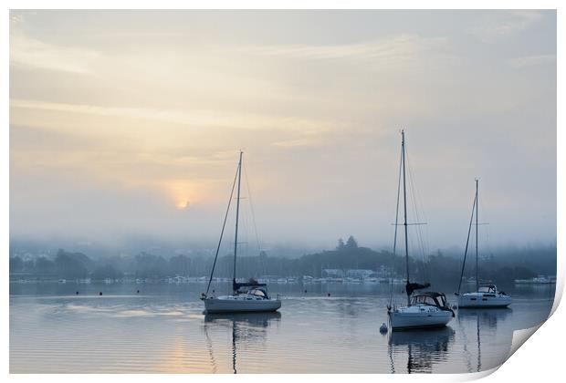 Yachts on Windermere - Misty Sunrise Print by Chester Tugwell