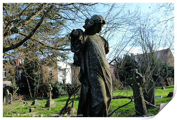 Stone Statue in Graveyard Print by Kevin Plunkett