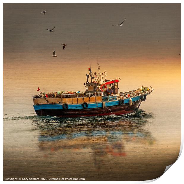 Reflections of a Vigo Mussel Boat Print by Gary Sanford