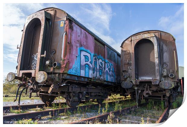 Rusting Abandoned Railway Carriages with Graffiti Print by Heather Sheldrick