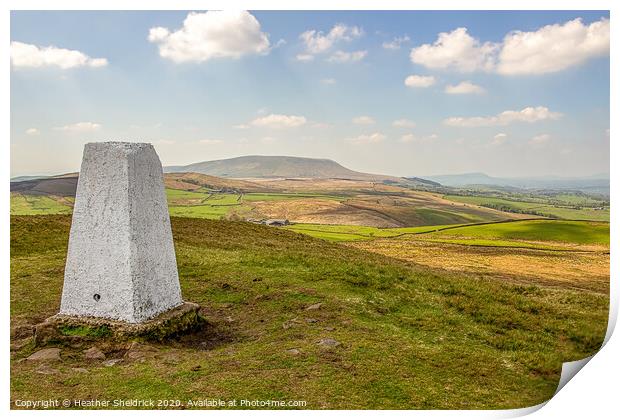 Trig Point on Weets Hill with Pendle Hill in Background Print by Heather Sheldrick