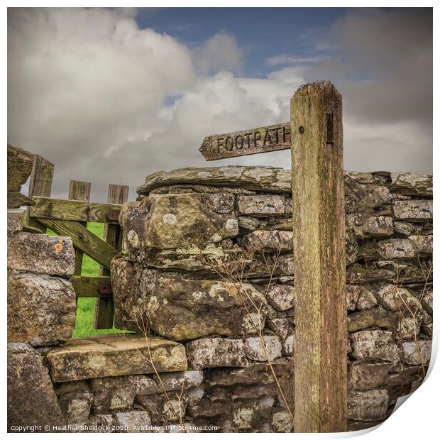 Footpath sign, stile and drystone wall Print by Heather Sheldrick