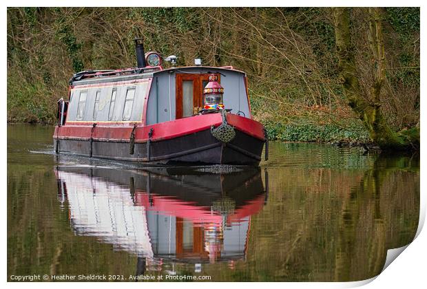 Narrowboat and Reflection on Canal Print by Heather Sheldrick