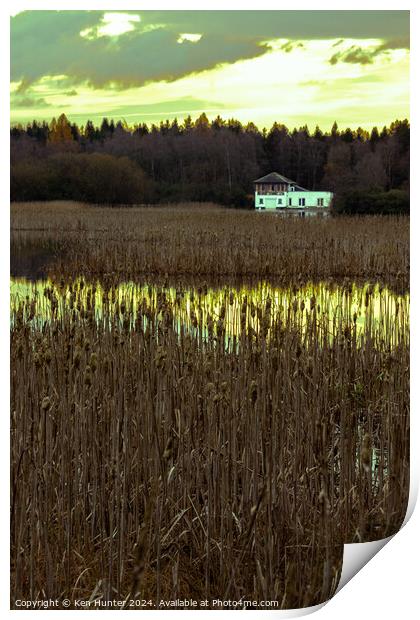 Boathouse and Bullrushes Print by Ken Hunter