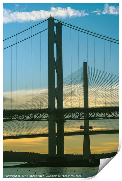 The Two Forth Road Bridge Towers at Sunset Print by Ken Hunter