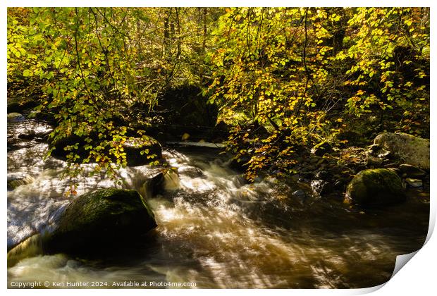 Dappled Sunlit Autumn Leaves and Rushing River Print by Ken Hunter