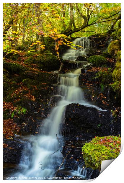Woodland Waterfall in Autumn Print by Ken Hunter