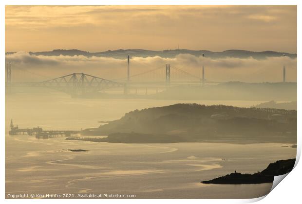 Forth Bridges in Misty Sunset Print by Ken Hunter