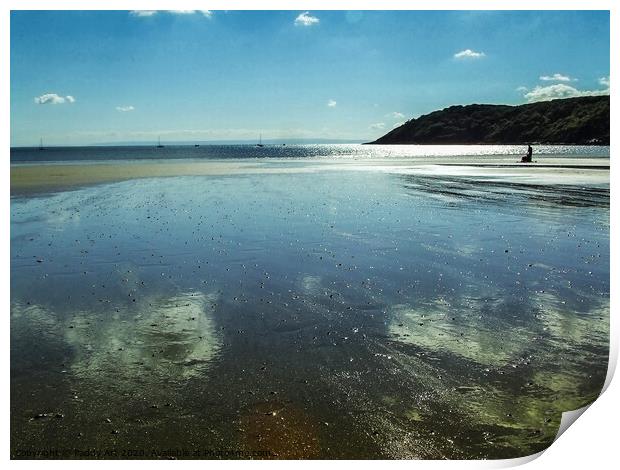 Reflecting on Oxwich Bay, Gower. Print by Paddy Art
