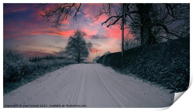 Snow covered lane at Sunset Print by Paul Tyzack