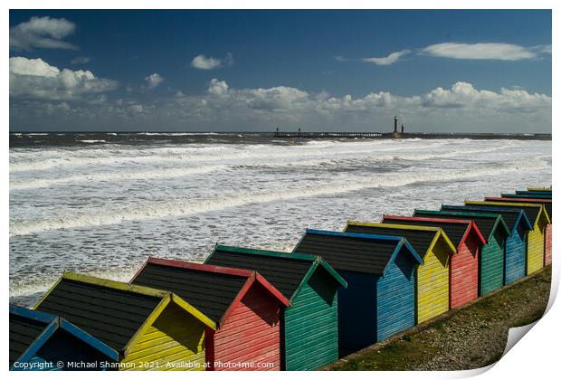 Whitby, Beach Huts Print by Michael Shannon