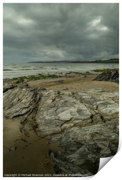 Grey Skies over Carne Beach in Cornwall Print by Michael Shannon