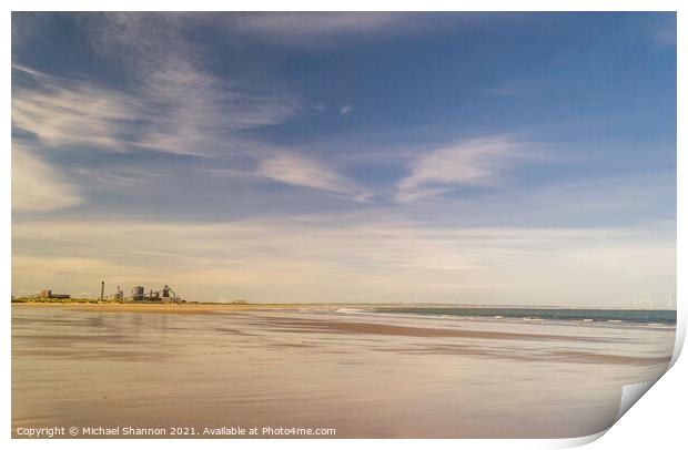Redcar beach and the old steel works at low tide Print by Michael Shannon