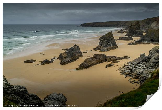 A moody, overcast day at Bedruthan Steps on the Co Print by Michael Shannon