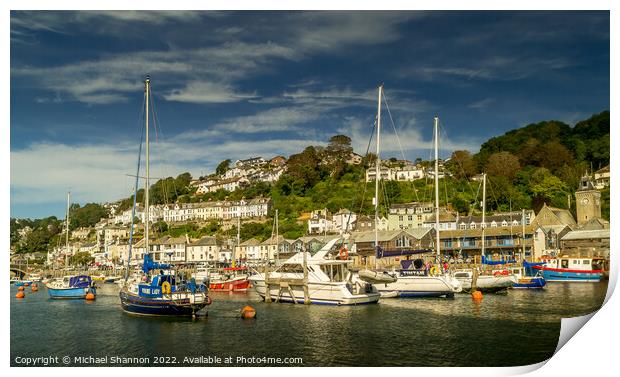 Yachts moored on the river in Looe, Cornwall Print by Michael Shannon