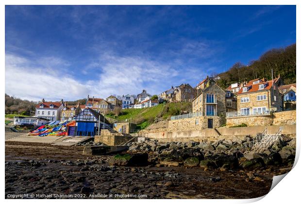 Cottages and boathouse in Runswick Bay, North York Print by Michael Shannon