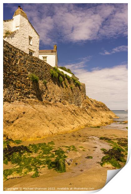 Whitewashed Cottages and sea wall in Gorran Haven, Print by Michael Shannon