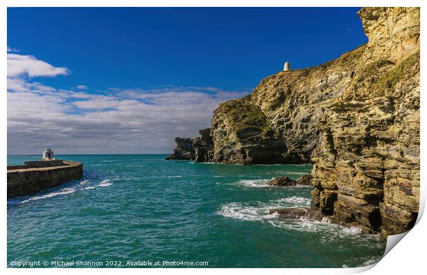 Pier, lookout towers and cliffs at Porthreath, Cor Print by Michael Shannon