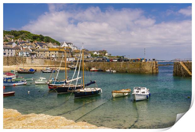 Yachts and small boats moored in Mousehole, Cornwa Print by Michael Shannon