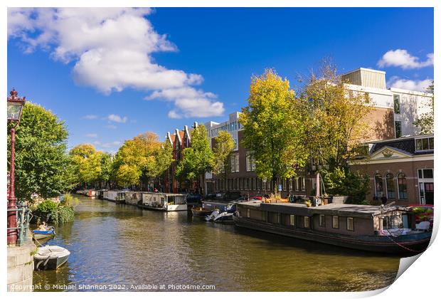 Canal and house boats - Amsterdam Print by Michael Shannon
