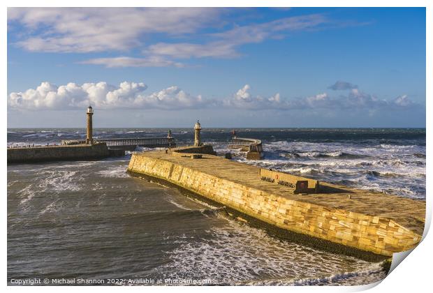 Clifftop view of the East Pier in Whitby, North Yo Print by Michael Shannon