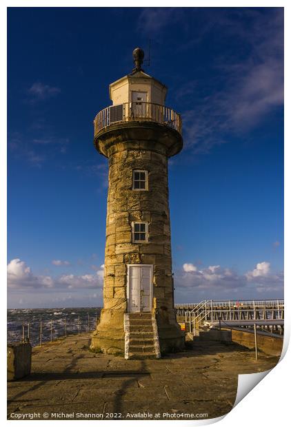 Whitby Lighthouse on the East Pier Print by Michael Shannon