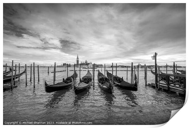 Gondolas moored near St Marks Square, Venice Print by Michael Shannon