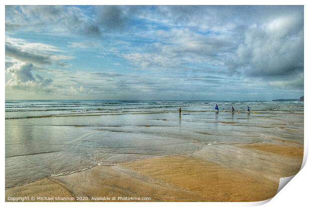 Rushing to Ride Waves - Watergate Bay, Cornwall Print by Michael Shannon