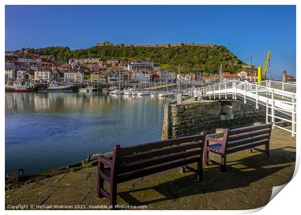 Scarborough Harbour under blue skies on a sunny da Print by Michael Shannon