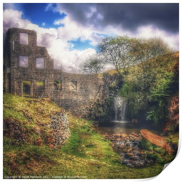 Cheesden Lumb Mill Remains and waterfall Print by Sarah Paddison
